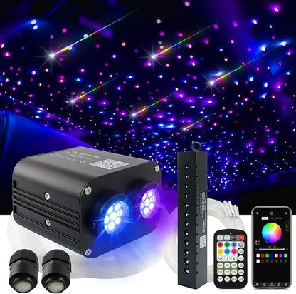 AMKI Dual Color 20W Twinkle Starlight Headliner Kit 600pcs*0.03in*9.8ft Cables+ RGB Meteor Shooting Star Fiber Optic Light Sound Activated APP/Remote Control for Car Roof Home Ceiling