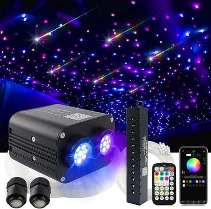 AMKI Dual Color 20W Twinkle Starlight Headliner Kit 1100pcs*0.03in 13.1ft Cables+ RGB Meteor Shooting Star Fiber Optic Light Sound Activated APP/Remote Control for Car Roof Home Ceiling