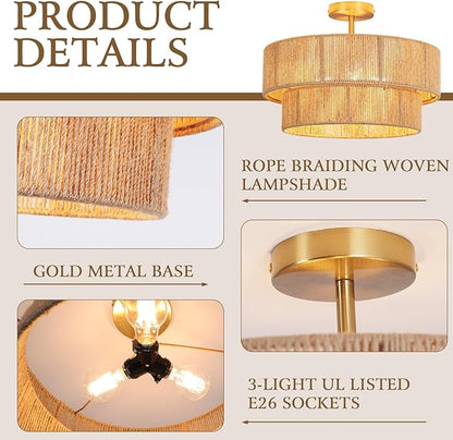 18" Boho Semi Flush Mount Ceiling Light Gold Rattan Ceiling Light Farmhouse Ceiling Lamp with Natural Hemp Rope Lampshade for Dining Room Living Room Bedroom Kitchen