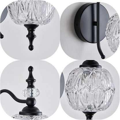 Black 1-Light Wall Light Fixtures with Crystal Glass Shade Vintage Bathroom Wall Sconces Retro Bathroom Vanity Light Fixtures for Bedroom Living Room Farmhouse