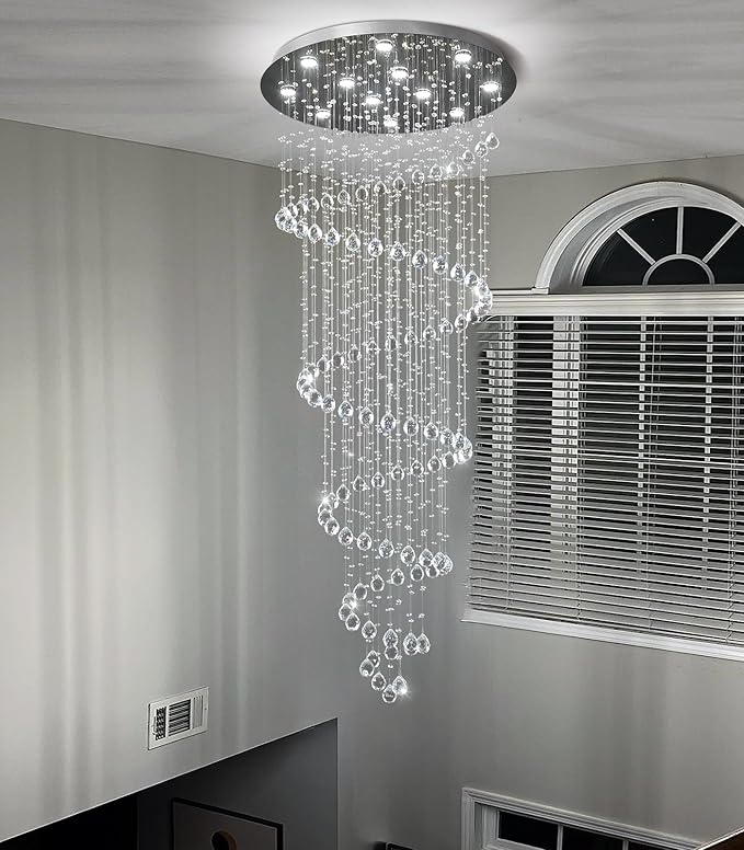 HAIXIANG LED High Ceiling Chandelier Crystal Chandeliers Light Fixtures with Dimmable Light Bulbs Gold Living Room Foyer Chandelier Modern Pendants Lights for Entryway Staircase Silver