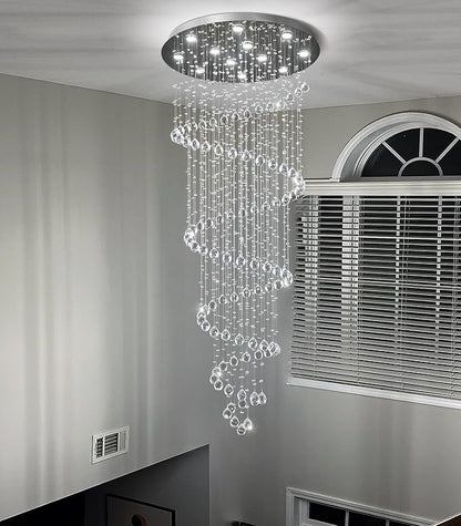HAIXIANG LED High Ceiling Chandelier Crystal Chandeliers Light Fixtures with Dimmable Light Bulbs Gold Living Room Foyer Chandelier Modern Pendants Lights for Entryway Staircase Silver