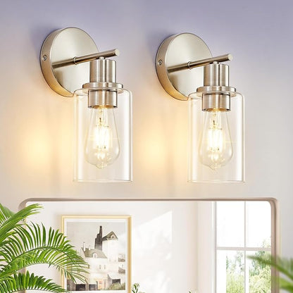 DLLT Wall Sconces Set of Two: Modern Bathroom Vanity Light Fixtures - Nickel Vanity Lights with Clear Glass Shade - Farmhouse Wall Lamp for Bedroom Living Room Mirror Hallway Kitchen