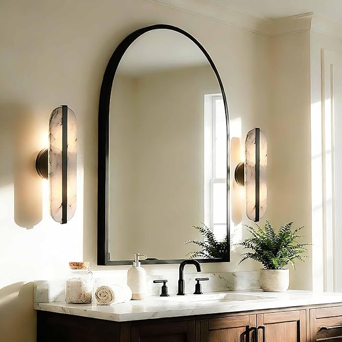 15.7" Natural Alabaster Wall Sconces Marble Wall Sconces Black Bathroom Vanity Wall Light Fixtures Modern Oval Stone Wall Lamp for Bedroom Living Room Hallway Restaurant