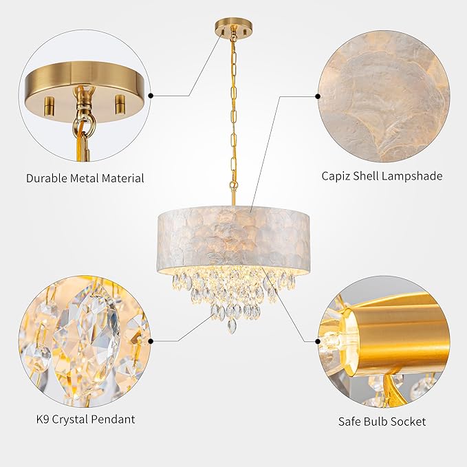 4-Light Drum Capiz Shell K9 Crystal Chandelier, Coastal Style Pendant Light Fixture for Dining Room, Living Room, D17.7 x H21~68 inch (Adjustable), Clear Crystal & Brass Finish