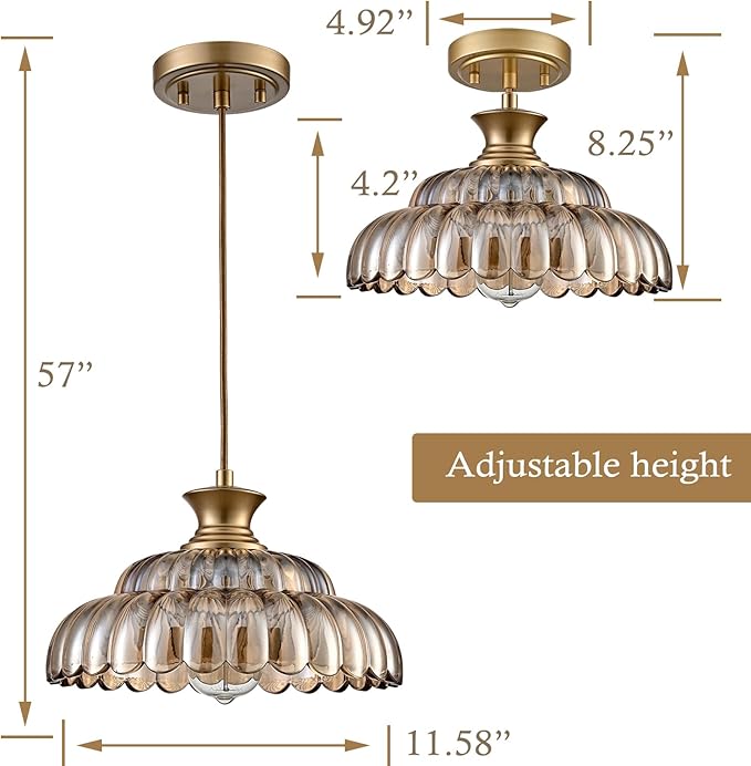 HYDELITE Vintage Amber Glass Pendant Lights Modern Gold Kitchen Island Pendant Light Fixture Adjustable Hanging Ceiling for Dining Living Room Restaurant Entryway