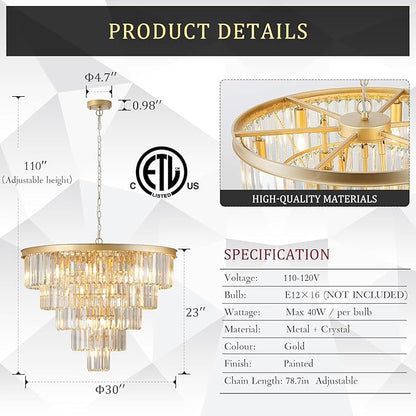 Large Crystal Chandeliers Modern 30”Gold Chandelier for Foyer Staircase Chandeliers 5 Tiers 16 Lights Luxury K9 Ceiling Pendant Lighting Fixture for Dining Room Bedroom