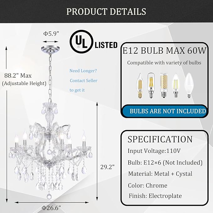 Modern Crystal Chandelier, Maria Theresa Crystal Chandelier 6 Lights Luxury Chrome Chandelier Lighting Fixture for Dining Room, Living Room, Bedroom, Kitchen Island, Foyer