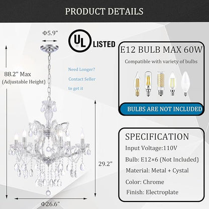 Modern Crystal Chandelier, Maria Theresa Crystal Chandelier 6 Lights Luxury Chrome Chandelier Lighting Fixture for Dining Room, Living Room, Bedroom, Kitchen Island, Foyer