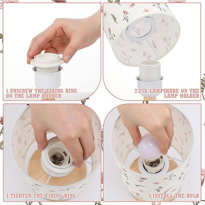 VIHOSE Boho Floral Bedside Table Lamp Vintage Nightstand Lamp with Linen Fabric Shade Solid Wood Base Decoration for Kids Living Room Bedroom Desk Dorm