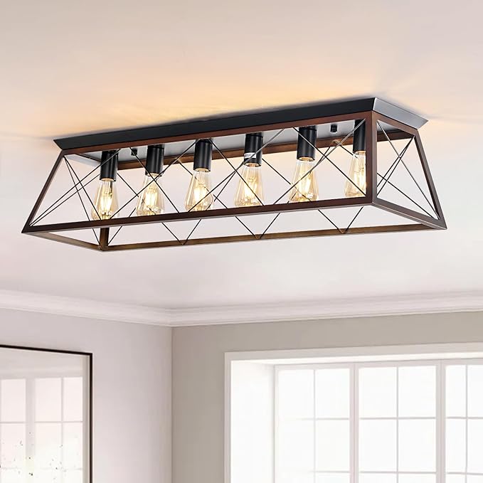 38" Large Brushed Bronze Flush Mount Ceiling Light Fixture, 6-Light Vintage Industrial Cage Chandelier for Dining Room Kitchen Island Living Room Hallway Entryway, Farmhouse Close to Ceiling Lighting