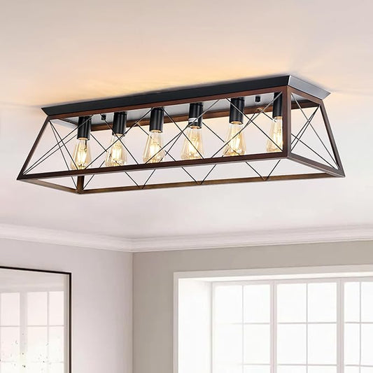 38" Large Brushed Bronze Flush Mount Ceiling Light Fixture, 6-Light Vintage Industrial Cage Chandelier for Dining Room Kitchen Island Living Room Hallway Entryway, Farmhouse Close to Ceiling Lighting