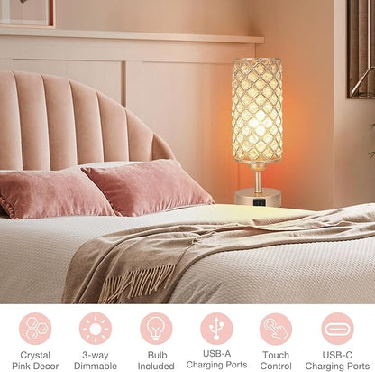 Crystal Table Lamp with USB C+A Ports, 3 Way Dimmable Touch Lamp with Crystal Shade, Champagne Gold Bedside Nightstand Small Lamp for Living Room Bedroom Home Office