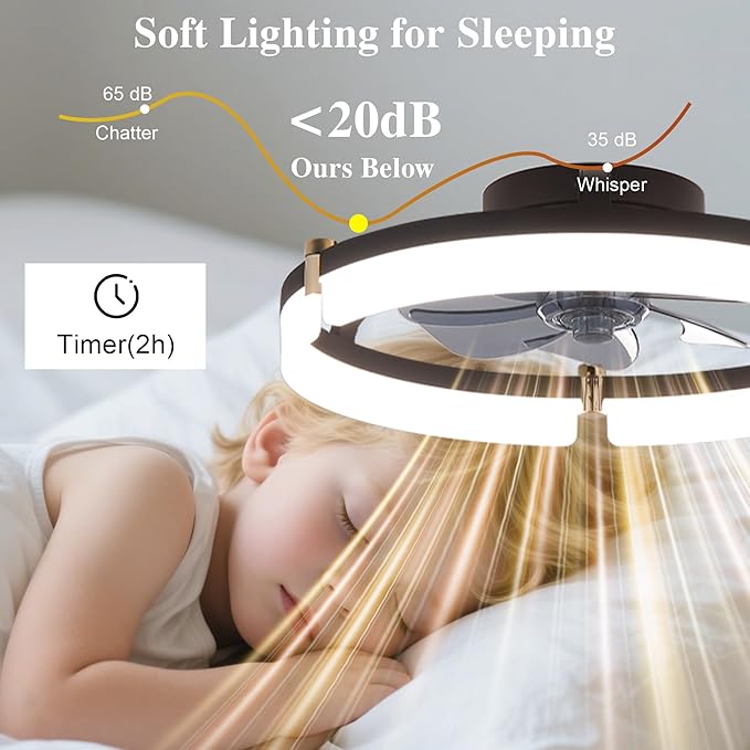 Ceiling Fans with Remote and Lights Fandelier - 20'' Low Profile Flush Mount Modern Black Ceiling Fans for Bedroom - 6 Speeds and Stepless Color Temperature Change