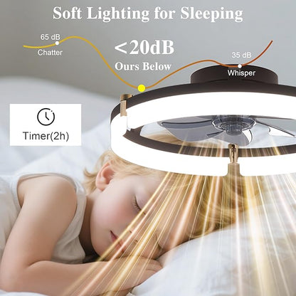 Ceiling Fans with Remote and Lights Fandelier - 20'' Low Profile Flush Mount Modern Black Ceiling Fans for Bedroom - 6 Speeds and Stepless Color Temperature Change