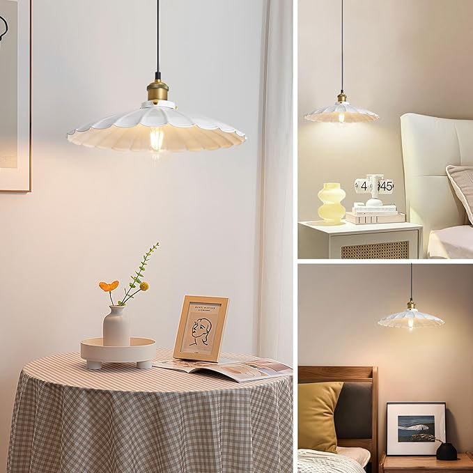 Hanging Lamp Plug in White 15.7 Inch Metal Lampshade Pendant Light Adjustable 14Ft Cord Pendant Light Plug in Living Room Bedroom Farmhouse Industrial Hanging Lights