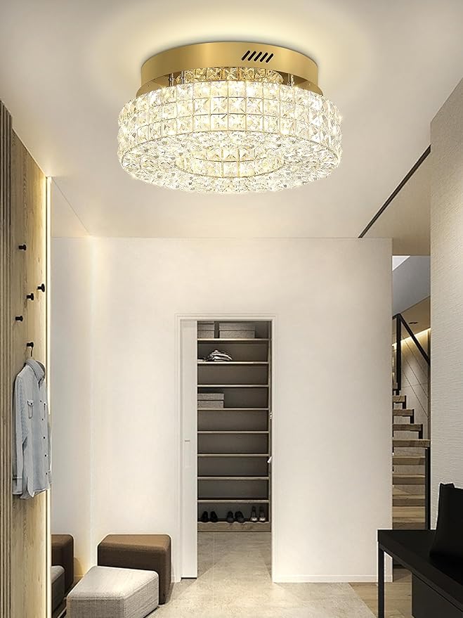 ykolupty 16" Crystal Chandeliers,Round Chandelier for Living Room Modern Crystal Ceiling Light Fixture for Foyer Bedrooms Dining Room Hallway Gold