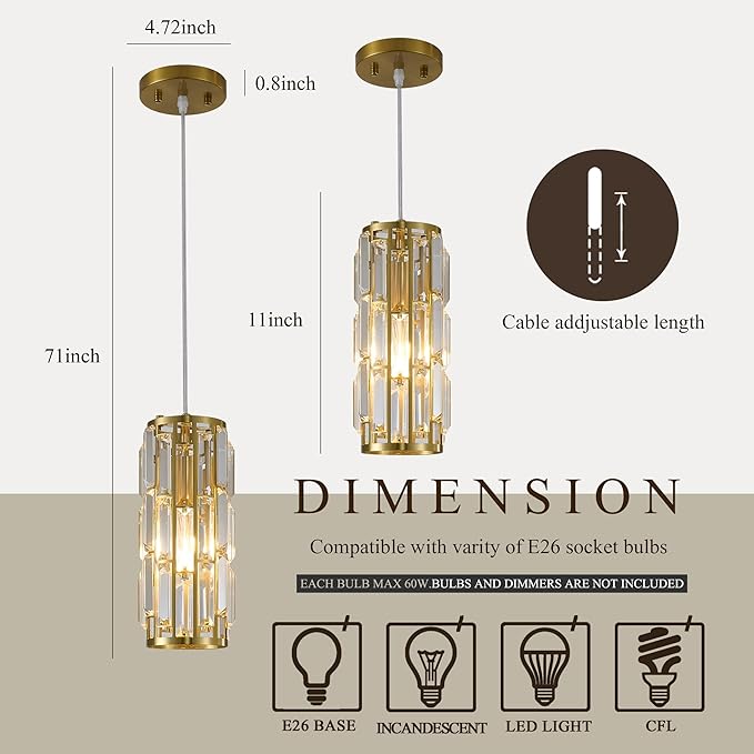Pendant Lights Modern Gold Pendant Light, Mini Crystal Pendant Lighting for Kitchen, Dining Room, Bedroom Adjustable Pendant lamp (Gold 2 Pack)