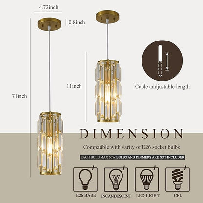 Pendant Lights Modern Gold Pendant Light, Mini Crystal Pendant Lighting for Kitchen, Dining Room, Bedroom Adjustable Pendant lamp (Gold 2 Pack)