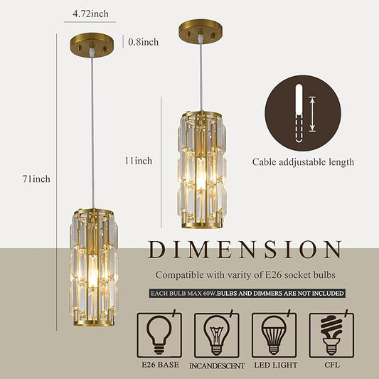 Pendant Lights Modern Gold Pendant Light, Mini Crystal Pendant Lighting for Kitchen, Dining Room, Bedroom Adjustable Pendant lamp (Gold 2 Pack)