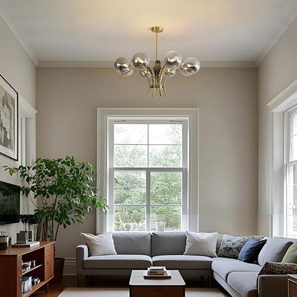 BOKT Gold Sputnik Mid Century Chandelier Modern Slop Ceiling Light Fixture Adjustable Height Kitchen Lights Hanging Smoked Gray Glass Globe Lampshade for Living Room Bedroom Bulb Included