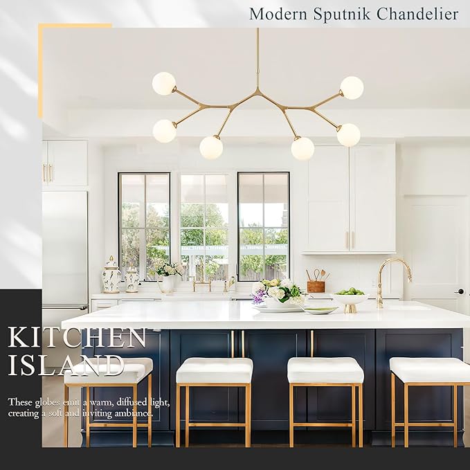 Modern 6 Lights Sputnik Chandelier for Dining Room L45’’ Gold Pendant Light Fixture with Milk Glass Shade Large Mid Century Chandelier for Kitchen Island Bedroom Living Room