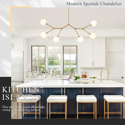 Modern 6 Lights Sputnik Chandelier for Dining Room L45’’ Gold Pendant Light Fixture with Milk Glass Shade Large Mid Century Chandelier for Kitchen Island Bedroom Living Room