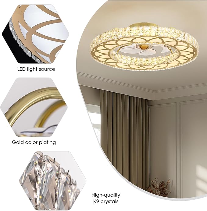 LUDOMIDE Crystal Ceiling Fans with Lights, 24" Modern Ceiling Fan with Remote Flush Mount, 6-Speed Wind, Dimmable LED, Low Profile Ceiling Fan for Bedroom Dining Room Living Room