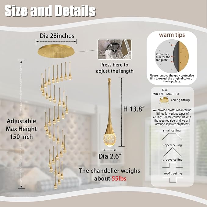 ykolupty H150 Spiral Chandelier Lighting Modern Gold Chandelier Light Fixture for Foyer Hallway Crystal Chandeliers for High Ceilings Suitable for Sloping Ceiling 2700-6000k Dimmable