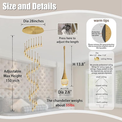 ykolupty H150 Spiral Chandelier Lighting Modern Gold Chandelier Light Fixture for Foyer Hallway Crystal Chandeliers for High Ceilings Suitable for Sloping Ceiling 2700-6000k Dimmable