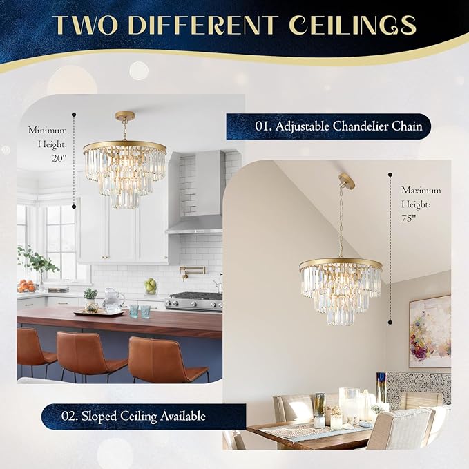 Gold Crystal Chandeliers Modern Round 20" Chandelier 7 Lights Ceiling Pendant Light Fixture Luxury 3-Tier K9 Crystal Lighting for Living Room Dining Room Bedroom Kitchen Foyer