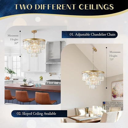 Gold Crystal Chandeliers Modern Round 20" Chandelier 7 Lights Ceiling Pendant Light Fixture Luxury 3-Tier K9 Crystal Lighting for Living Room Dining Room Bedroom Kitchen Foyer