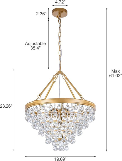 Wellmet Modern Crystal Chandeliers, 6 Lights Farmhouse Chandeliers for Dining Room, Gold Ceiling Light Fixture for Foyer, Bedroom, Living Room, Entryway, Kitchen Island, W-20 Inches