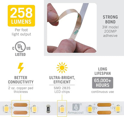 Armacost Lighting RibbonFlex Pro 12V White LED Strip Lights 60 LED/m, 4000K, 8.2 ft 152210