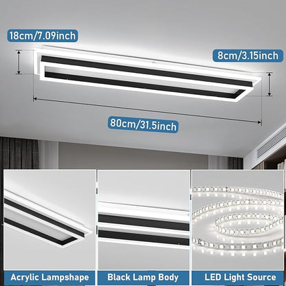 Dimmable Led Ceiling Light with Remote Control 31.5in Modern Linear Flush Mount Ceiling Lighting Fixture Acrylic Long Ceiling Lamp for Living Room Kitchen Dining Room Hallway (Black, 2 Packs)