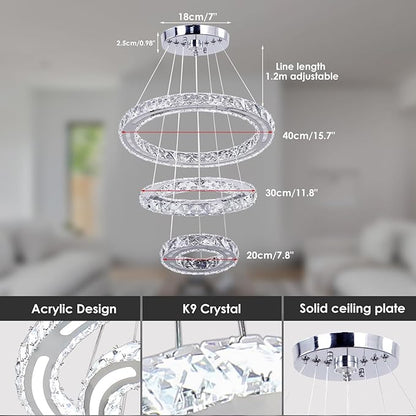 Chandeliers Modern Ceiling LED Fixture 3 Rings Adjustable Crystal Light Fixture Ceiling Hanging Pendant Light for Living Room Dining Bedrooms Hall 180mm Base 153 Crystals（White Light）