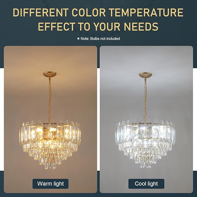 Gold Crystal Chandelier 24" 12 Lights K9 Crystal Modern Chandelier 6-Tier Luxury Pendant Lighting for Living Room Dining Room Bedroom Foyer Entryway, E12