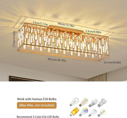 Garwarm 38.7 inch Gold Crystal Chandelier for Living Room, 6-Light Rectangle Flush Mount Ceiling Light Modern Chandeliers for Dining Room,Kitchen Chandeliers Over Table