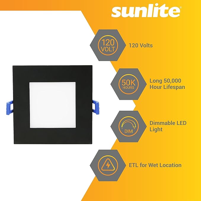 Sunlite 87805 LED 4-Inch Recessed Slim Downlight Fixture, 12 Watts (65W=), 700 Lumens, Indoor & Outdoor, Color Selectable 27K/30K/35K/40K/50K, 90 CRI, 120V, Dimmable, ETL Listed, Matte Black, 1 Pack