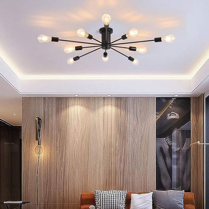 Garwarm Semi Flush Mount Ceiling Light, 10-Light Modern Black Sputnik Chandelier Industrial Ceiling Lamp for Kitchen Dining Room Living Room Bedroom Foyer Lighting Fixture