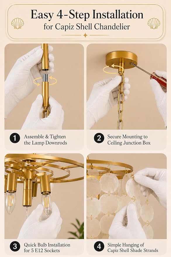 H16'' x D24'' Capiz Shell Chandelier with 5 Tiers Shell, Large Light Fixture Boho Farmhouse Ceiling Lights Entryway for Bedroom Bathroom Kitchen, (More Additional Shell Parts Included), Gold