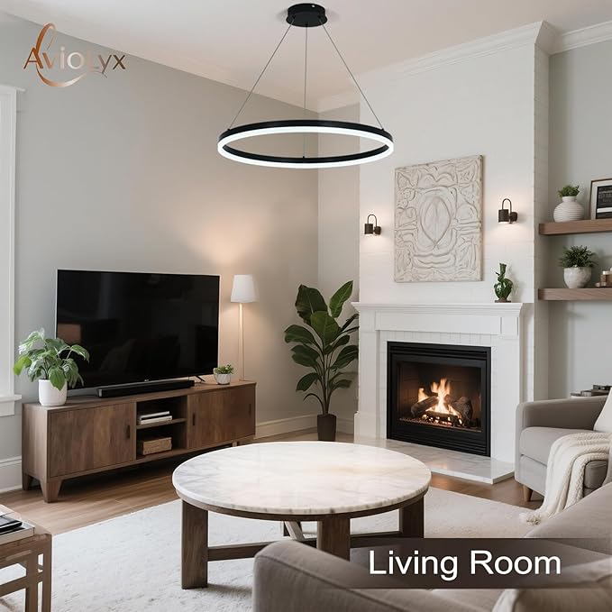 Modern LED Chandelier Black High Ceiling Ring Chandeliers with Remote Control Circular Pendant Light Dimmable for Dining Room Living Room Bedroom Hallway Kitchen Island(3000K-6500K D23.6)