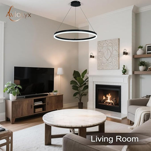 Modern LED Chandelier Black High Ceiling Ring Chandeliers with Remote Control Circular Pendant Light Dimmable for Dining Room Living Room Bedroom Hallway Kitchen Island(3000K-6500K D23.6)