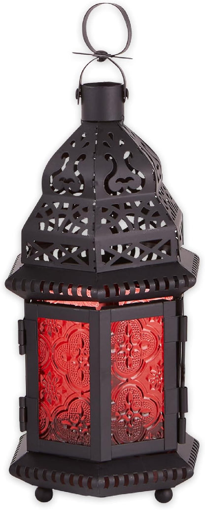 Zingz & Thingz Moroccan Style Candle Lantern Holder, Decorative Light Home Decor, Indoor & Outdoor, 10.25" Tall, Black with Red Glass