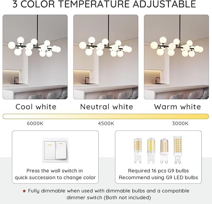 Modern Linear Chandeliers Black 16 Lights Pendant Light Fixtures Bubble Glass Chandelier Mid Century Sputnik Chandelier for Kitchen Island Dining Room