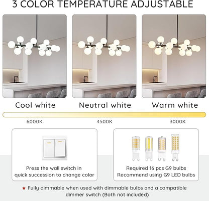 Modern Linear Chandeliers Black 16 Lights Pendant Light Fixtures Bubble Glass Chandelier Mid Century Sputnik Chandelier for Kitchen Island Dining Room