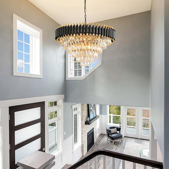 Modern Crystal Chandeliers for Dining Room Living Room 15-Light Black and Gold Chandelier Round 6 Tiers Large Contemporary Pendant Ceiling Hanging Light Fixture for Entryway Foyer Staircase W29”