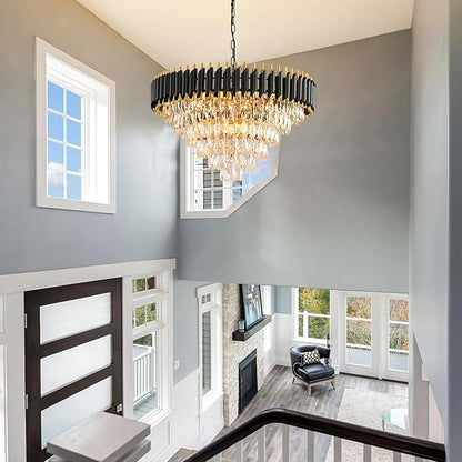 Modern Crystal Chandeliers for Dining Room Living Room 15-Light Black and Gold Chandelier Round 6 Tiers Large Contemporary Pendant Ceiling Hanging Light Fixture for Entryway Foyer Staircase W29”