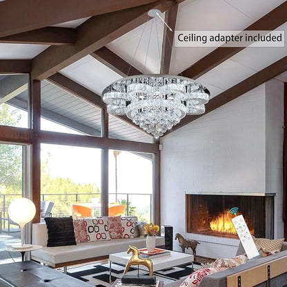 HAIXIANG Modern Chandelier Living Room Glam Chandeliers Ceiling Light Fixture Remote Dimmable Lights 32 Inches Luxury Crystal Silver Light