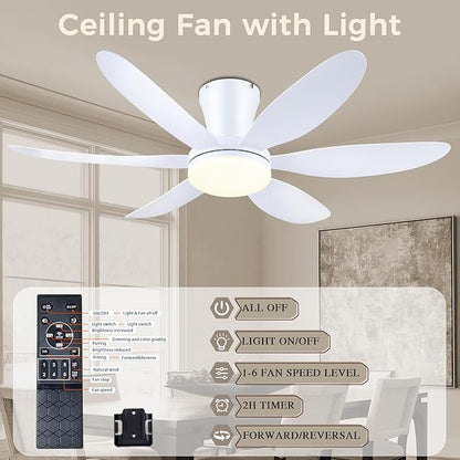 GJeg Ceiling Fans with Lights,42" Low Profile Ceiling Fan with Light and Remote Control,Flush Mount, Reversible, Dimmable, Noiseless, White Ceiling Fan for Bedroom